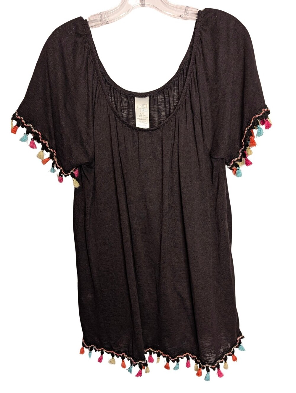 Black Tassel-Trim Short Sleeve Top/ Swim Cover Up